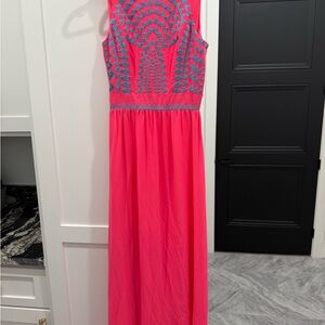 Gianni Bini Vibrant Pink Maxi Dress with Blue Accents